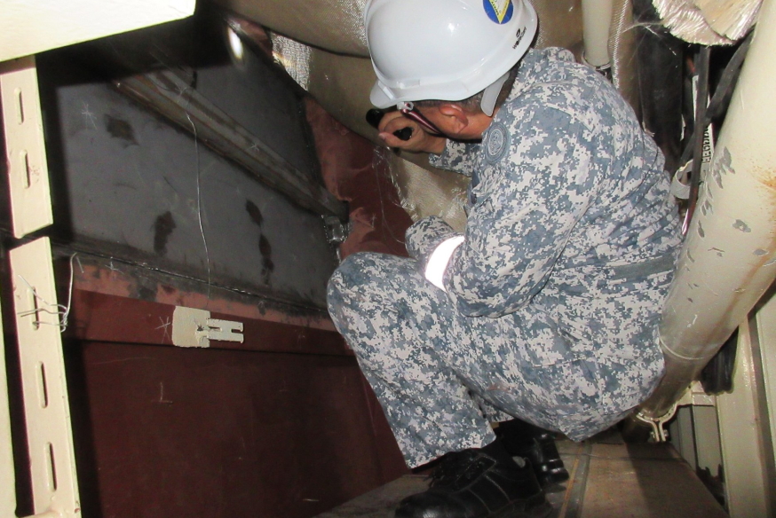 Working in tight quarters is part and parcel of the job for the SSEC engineers as they inspect every nook and cranny of the ship to ensure that ship refits are done properly.