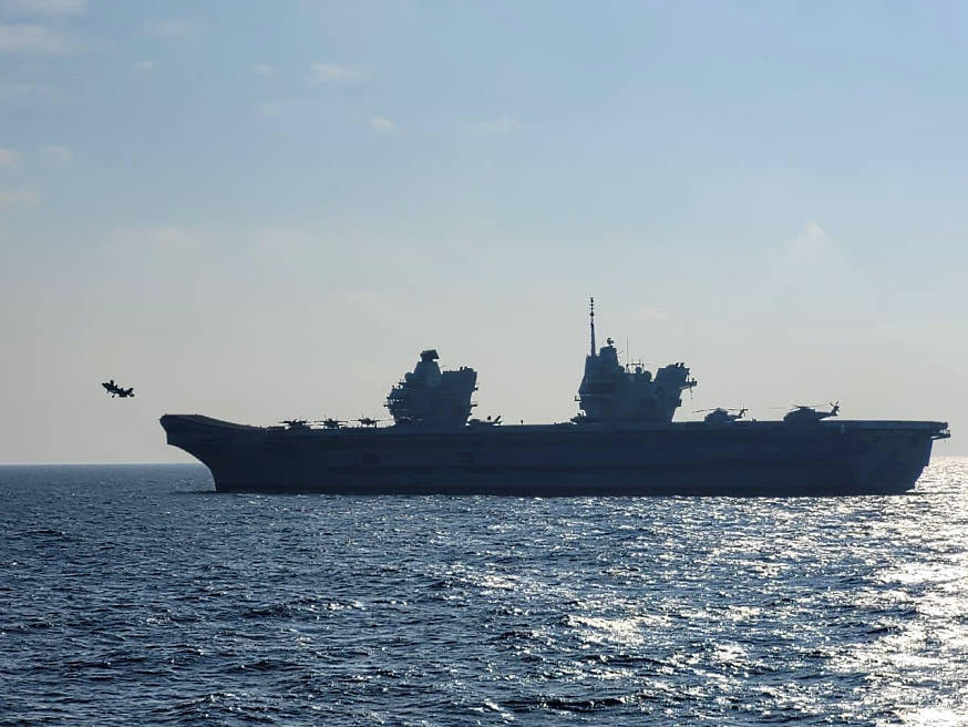 F-35 fighter jet from HMS Queen Elizabeth taking off for an air training exercise as part of the PASSEX.