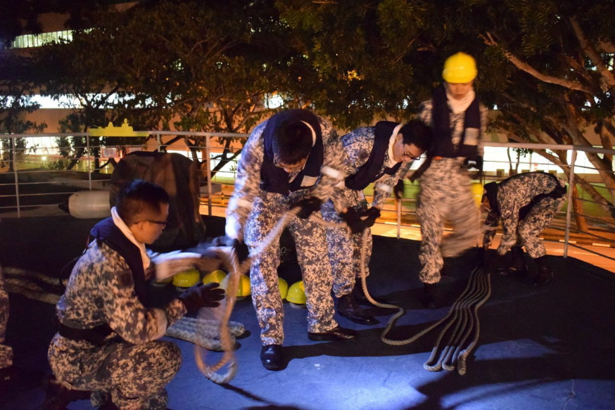 Basic Specialisation Course trainees being tested on their rope-handling skills during their end-of-course Summary Exercise. This is a 5-day exercise where trainees exercise a 24-hour watch cycle as per life on board a deployed ship.