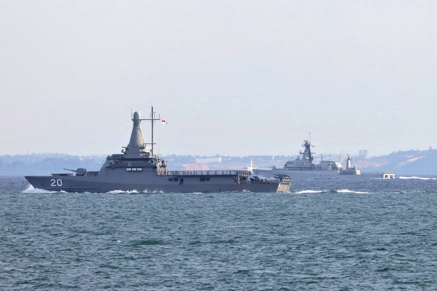 RSS Fortitude (left) and KRI Bung Tomo (right) working together to keep the waters safe as our leaders made their way to and from Bintan