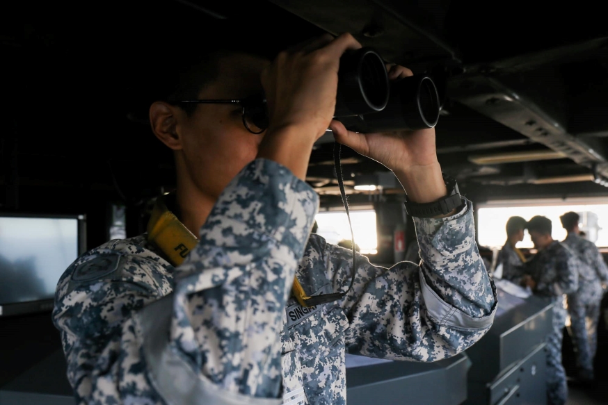 Keeping vigilant watch in the Bridge. Midshipmen learnt how to be a part of the Bridge team by closing up in the various roles.