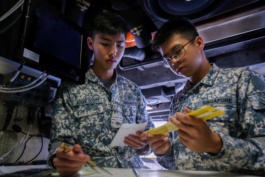 Midshipmen from the Dragon Division go over the navigation plans to see if the ship is making good time on her planned track. Ships must always be punctual!