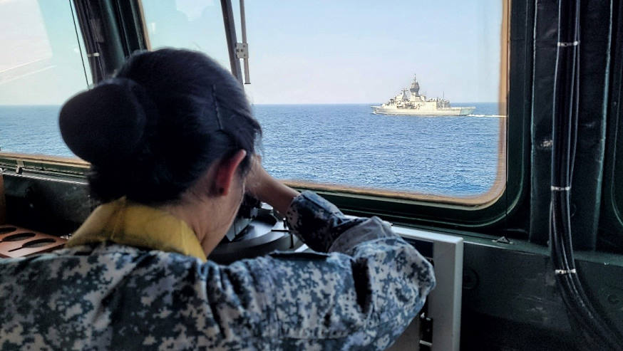 Monitoring HMAS Arunta's bearing during the manoeuvring exercise (MANEX) serial. MANEX requires precision and tight teamwork amongst the bridge team. Always a good test of skills for young officers aspiring to earn their Bridge Watchkeeping Certificate!