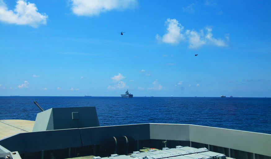 RSAF's Super Puma conducting a cross-deck landing as part of the  interaction at sea with the French Navy.